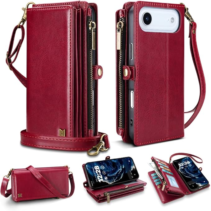 for iPhone Air Wallet Phone Case with 8 Card Holder,RFID Blocking | PU Leather | Kickstand | Flip | Wrist Strap&Shoulder Strap | Shockproof | Zipper Wallet | Women Men | 6.5" | Red