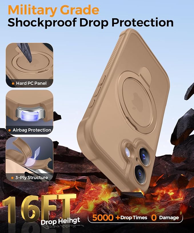 MOCCA Compatible with iPhone 17 Case with Magnetic Invisible Stand [Full Camera Protection] [Compatible with Magsafe] Military Drop Shockproof Translucent Matte Phone Case Cover 6.3",Brown