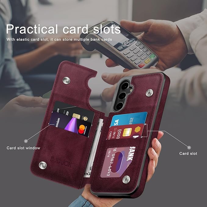 DJDUCK Designed for Samsung Galaxy S25 Plus Case Wallet with Card Holder, [Magnetic Clasp Cover] [RFID Blocking Leather Protection] Shockproof Women Men Cases for Samsung S25 Plus Wine Red