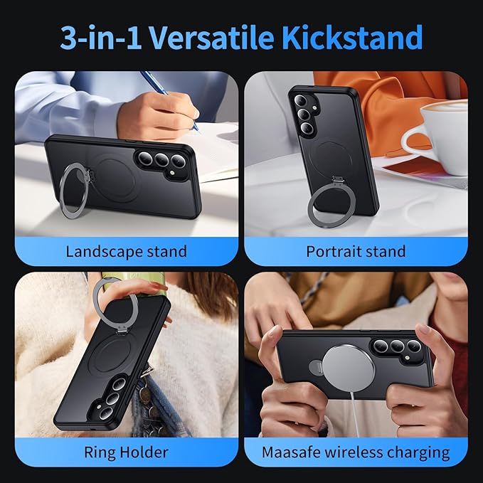 for Samsung Galaxy S24 Case,Compatible with Magsafe [Wireless Charging],with 360°Rotatable Magnetic Ring Stand Matte Translucent Slim Soft Edge Phone Kickstand,Black