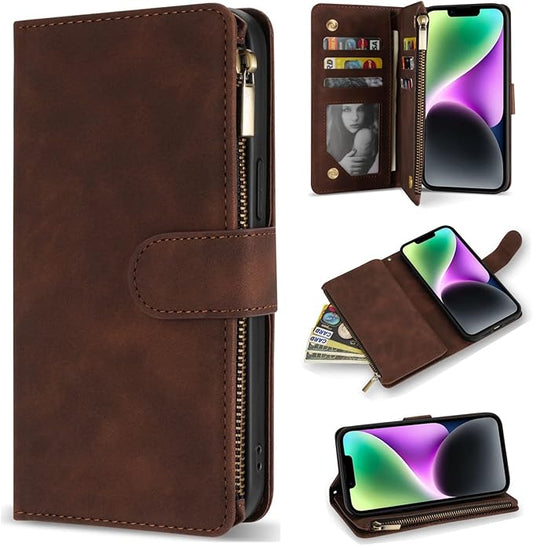 ZZXX for iPhone 14 Case Wallet with [RFID Blocking] Card Slot Premium Soft PU Leather Zipper Flip Folio with Wrist Strap Kickstand Protective Phone Cover for iPhone 14 Wallet Case(Coffee-6.1 inch)