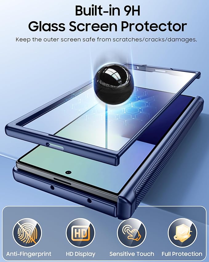 CENMASO for Samsung Galaxy Z Fold 7 Case with Card Holder [RFID Blocking] Camera Cover, Hinge Protection, Hidden Kickstand, Screen Protector, Slim Shockproof Phone Case for Galaxy Z Fold 7-Blue