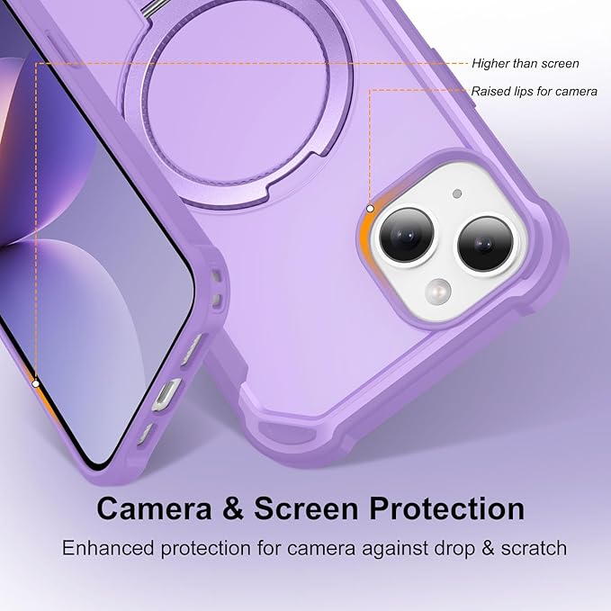 Compatible with iPhone 15 Case with Invisible Magnetic Ring Stand [Compatible with Magnetic] [Military Drop Protection] Shockproof Slim Hard Back Soft Edge Case 6.1 Inch, Purple
