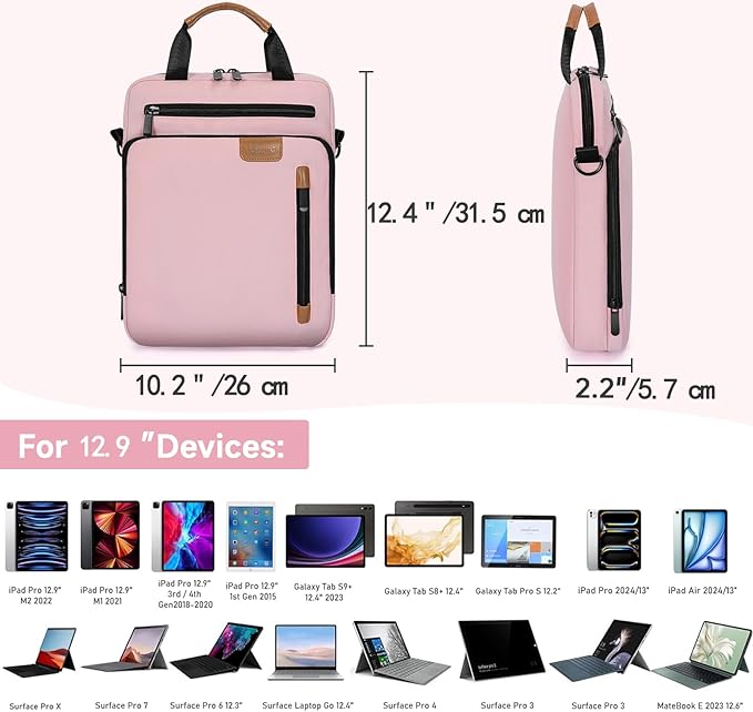 12.9 Inch Tablet Sleeve Bag, Padded Protective Carrying Case for iPad Pro M4 & Air M2 2024, Samsung Galaxy Tab S9 FE+/S9+/S8+/S7 FE/S7+ 12.4" 2022/2023, Surface Laptop Go 12.4", Pink