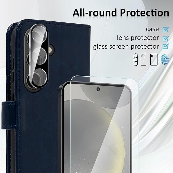 MONASAY Wallet Case Fit for Samsung Galaxy S24 5G, [Lens & Glass Screen Protector Included] [RFID Blocking] Flip Folio Leather Cell Phone Cover with Credit Card Holder, 6.2 inch, Blue