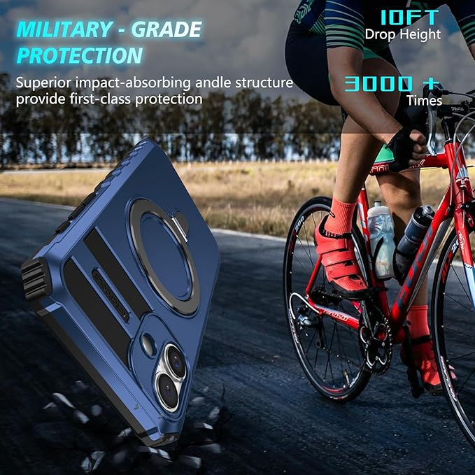 for iPhone 16 Plus Case Magnetic Compatible with MagSafe Wireless Charging,with 2 Screen Protector,with Kickstand Ring Shockproof Shock-Absorbent Heavy Duty Protection Scratch Resistant Blue