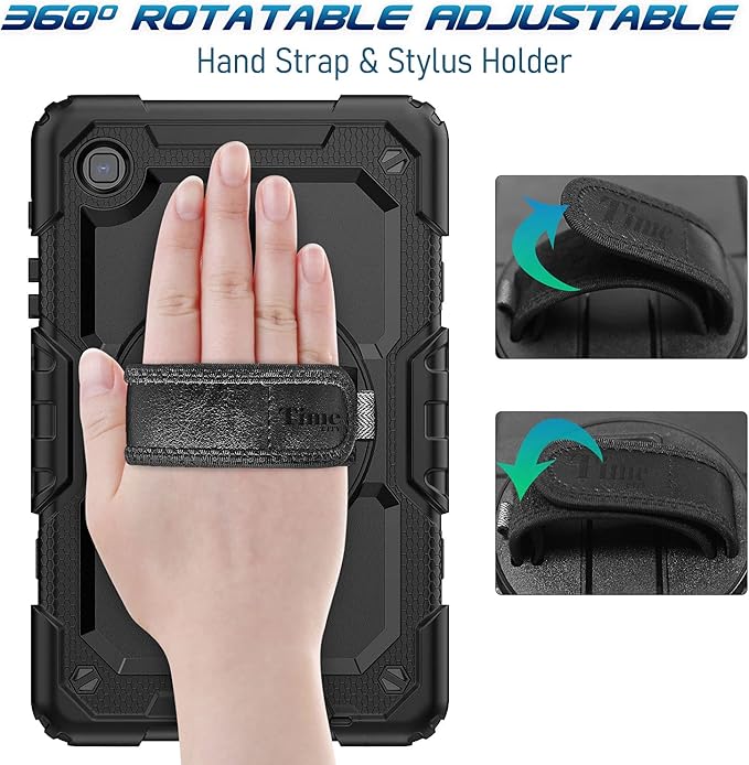 Timecity Case for Samsung Galaxy Tab A7 Lite 2021 8.7'' SM-T220/T225/T227 with Screen Protector, Heavy Duty Rugged Full-Body Protective Case with 360 Rotating Stand, Hand/Shoulder Strap Case, Black