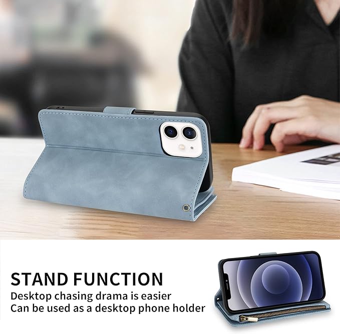 ZZXX for iPhone 12 Case Wallet with Card Slot Premium Soft PU Leather Zipper Folio with Wrist Strap Kickstand Protective for iPhone 12 Pro (Light Blue, 6.1 inch)