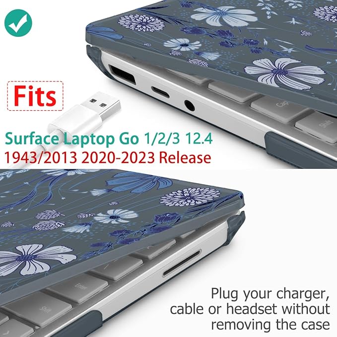 Tuiklol Case for 12.4 Inch Microsoft Surface Laptop Go 3/2 / 1 2023-2020 Releases, Plastic Hard Shell Case with Screen Protector and Keyborad Cover +Dust Plugs Model 2013/1943,Blue Line Floral
