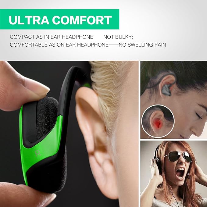 Small Bluetooth Headphones Wrap Around Head - Sports Wireless Headset with Built in Microphone and Crystal-Clear Sound, Foldable and Carried in The Purse, and 12-Hour Battery Life, Green