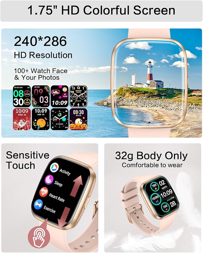 Smart Watches for Women, 1.75" Bluetooth Call, AI Voice Smartwatch, 24/7 Heart Rate Monitor, Blood Pressure/SpO2/Sleep Tracker, IP68 Waterproof, 100+ Sports Fitness Tracker for Android iOS Pink
