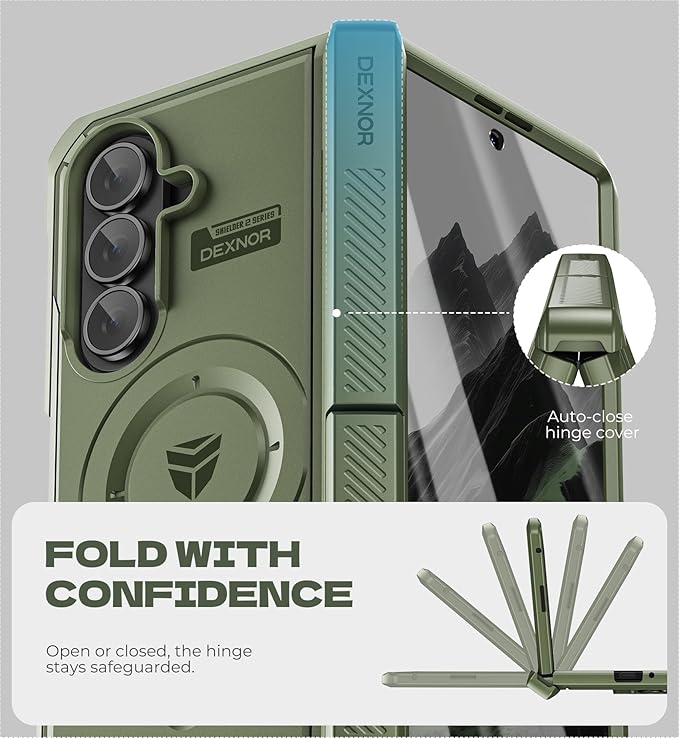 Dexnor Magnetic for Samsung Galaxy Z Fold 7 Case with Dual Kickstands & Front Screen Protector & Hinge Protection, Compatible with MagSafe, Full-Body Rugged Protective Cover Bumper Cases,Army Green