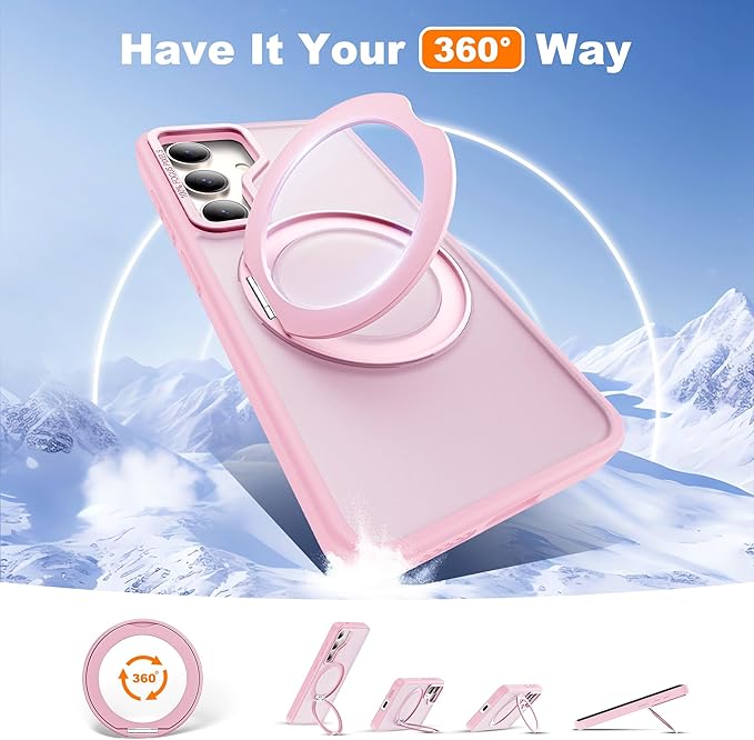 Compatible with Samsung Galaxy S24 Plus Case with 360Rotatable Magnetic Ring Stand Compatible with Mag-Safe Military Protection Matte Translucent Phone Case for Galaxy S24+,Pink