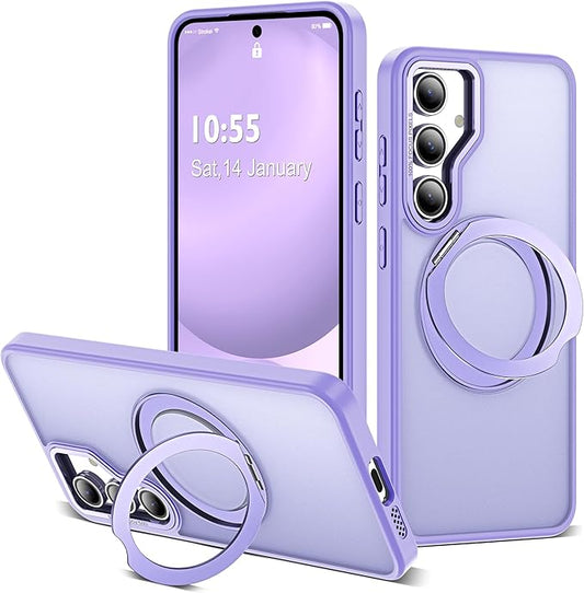 for Samsung Galaxy S24 FE Case with 360° Rotatable Magnetic Ring Stand Compatible with Mag-Safe Military Protection Shockproof Matte Translucent Phone Case for Galaxy S24 FE,Purple