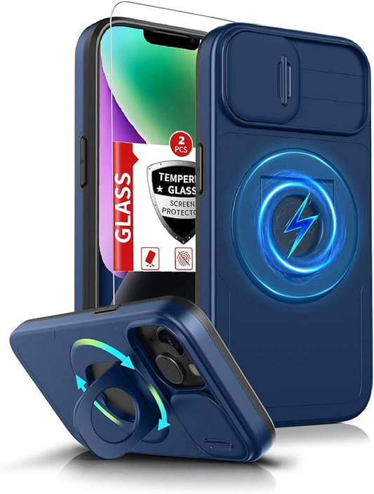 for iPhone 13 Case/for iPhone 14 Case Compatible with MagSafe Magnetic,with 2 Screen Protectors,with Camera Cover+Stand Ring,Military Grade Shockproof Heavy Duty Protection Phone Bumper Blue