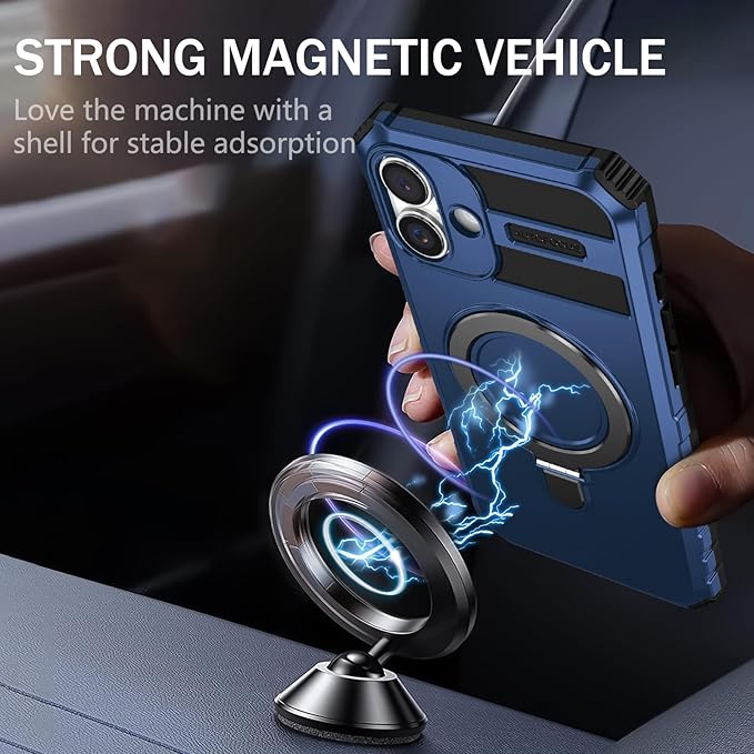 for iPhone 16 Plus Case Magnetic Compatible with MagSafe Wireless Charging,with 2 Screen Protector,with Kickstand Ring Shockproof Shock-Absorbent Heavy Duty Protection Scratch Resistant Blue