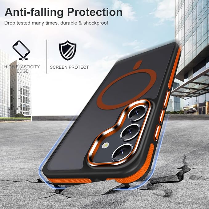 Magnetic Designed for Samsung Galaxy S24 Case 6.2" Compatible with MagSafe, Anti-Slip Edge Military Grade Drop Tested Hard Back Protective Translucent Case for Samsung S24 Case (Black/Orange)