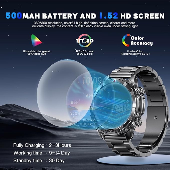 Smart Watches for Men with Bluetooth&Flashlight,1.52" IP68 Waterpro Men's Smart Watch,500mAh 100+ Sport Modes with Heart Rate/Sleep Monitor Fitness Trackers Compatible Android iOS(2 Straps)