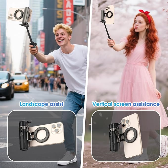 Magnetic Tripod for Phone,2 in 1 for Magsafe Stand＆ Clip Portable Pocket Size Selfie Stick for Android/iPhone,Phone Holder with Wireless Rechargeable Remote Control for Photography, Live Streaming