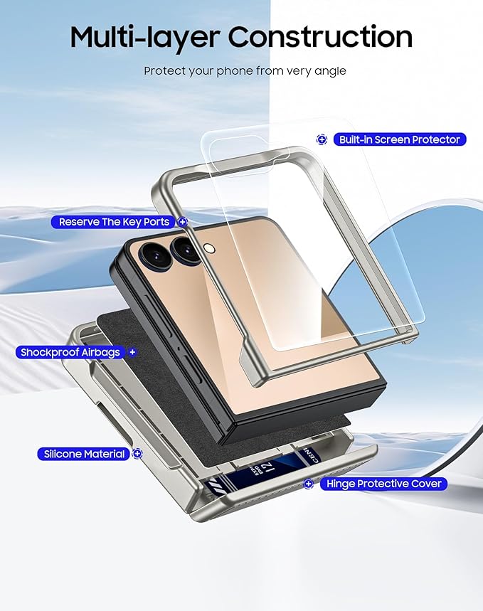 CENMASO for Samsung Galaxy Z Flip 7 Case Wallet Card Holder [RFID Blocking] & Hinge Protection & HD Screen Protector, Rugged Full-Body Cover Shockproof Phone Case for Z Flip 7-Natural Titanium