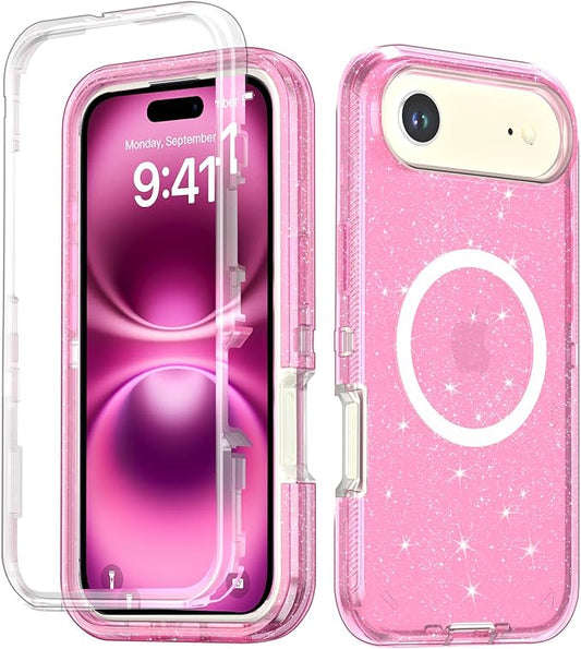 Designed for iPhone 17 Air Case,[Compatible with Magsafe] [Non-Yellowing] [Without Screen Protector] Shockproof/Dust/Drop Proof 3-Layer Full Body Protection Rugged Heavy Duty Cover, Pink Glitter
