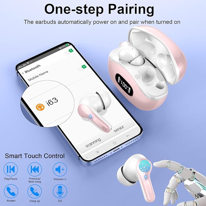 Wireless Earbuds, Bluetooth Headphones 5.4 HiFi Stereo Ear buds with ENC Noise Cancelling Mic, 40H Bluetooth Earbuds with Dual LED Display Charging Case, IP7 Waterproof Earphones for Android iOS, Pink