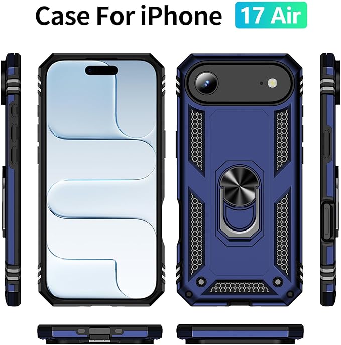 ADDIT Compatible with iPhone 17 Air Case with Tempered Glass Screen Protector, Adjustable Kickstand Ring, Military-Grade Heavy Duty Protection, Shockproof, Anti-Fingerprint,Blue