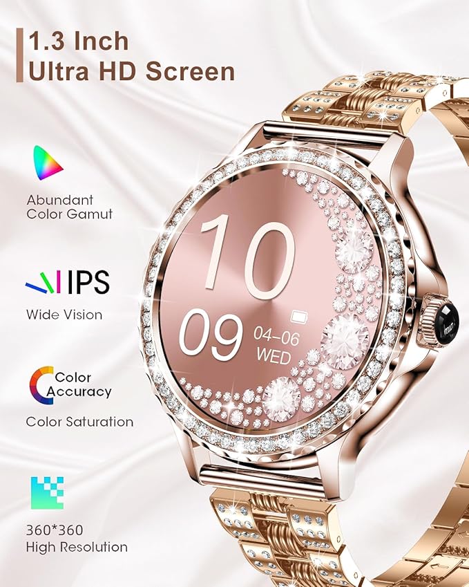 Smart Watches for Women (Answer/Make Call) with Diamonds, 1.3”HD Screen Bluetooth Smartwatch for Android iOS Phones, IP68 Waterproof Fitness Activity