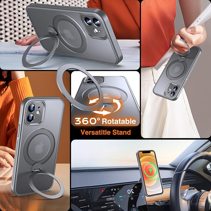 360° O-Ring MagStander for iPhone 12 Case, iPhone 12 Pro Case with Magnetic Stand Ring Holder [Compatible with MagSafe] [Military Shockproof] Kickstand iPhone 12/12 Pro Phone Cover Grey