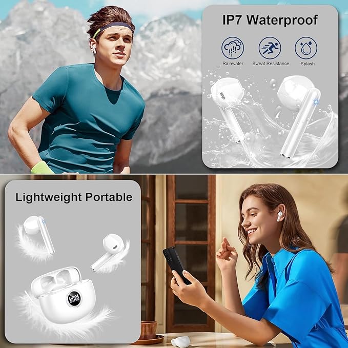 Wireless Earbuds, 2025 Bluetooth 5.3 Headphones HiFi Stereo Ear buds with ENC Noise Cancelling Mics, 40H Bluetooth Earbuds with Dual LED Display, IP7 Waterproof in Ear Earphones for Android iOS, White