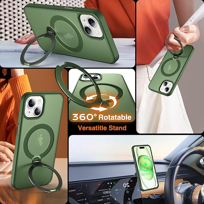 360° O-Ring MagStander for iPhone 15 Case with Magnetic Kickstand Ring Holder [Compatible with MagSafe][360°Rotate Stand Ring][Military Shockproof] Magnet iPhone 15 Phone Cover Matte Green