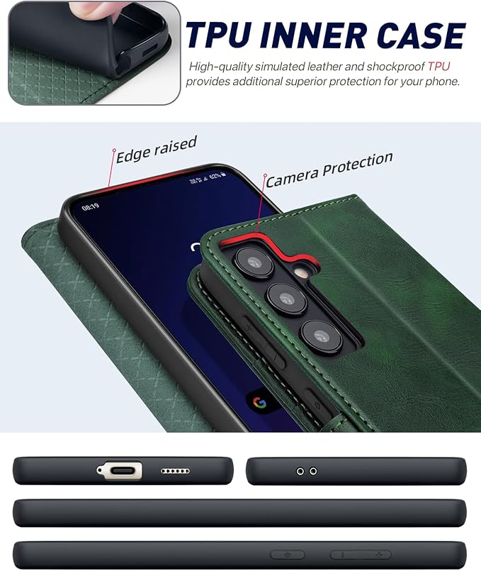 OCASE Compatible with Galaxy S24 5G Wallet Case, PU Leather Flip Folio Case with Card Holders RFID Blocking Kickstand [Shockproof TPU Inner Shell] Phone Cover (2024), Blackish Green
