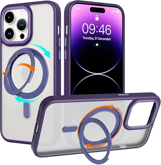 ZIYE Magnetic Case for iPhone 14 Pro Max Case with Stand [Compatible with MagSafe] Slim Shockproof Military Grade Heavy Duty Cover with 360 Rotatable Ring Kickstand for Women Men, Translucent Purple