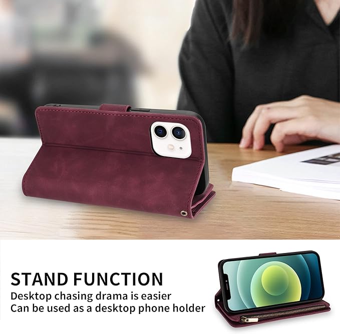 ZZXX for iPhone 12 Mini Wallet Case with Card Slot Premium Soft PU Leather Zipper Flip Folio Wallet with Wrist Strap Kickstand Protective for iPhone 12 Mini Case Wallet(Wine Red 5.4 inch)