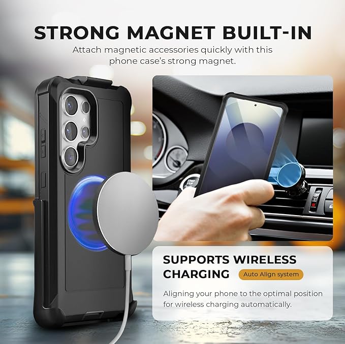 MOTIVE Designed for Samsung Galaxy s25 Ultra Case with Belt Clip, Magnetic Case Magsafe Compatible, Heavy Duty and Quad Layer Military Grade Protection for s25 Ultra Holster, 6.9" | Black