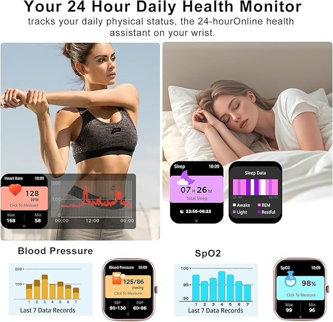 Smart Watch for Men Women Compatible with IOS Android Phone, 1.83" Full Touchscreen IP68 Waterproof Smart Watches,Fitness Tracker with Make/Recive Call 123+ Sport Modes Heart Rate/Sleep Monitor,Pink