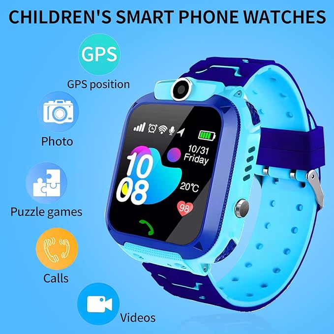 2G Kids GPS Watch, Waterproof Smart Tracker for Boys Girls Ages 3-12 - 2-Way Calling, SOS Button, No Games, 7-Day Battery, Birthday Gift (Blue)