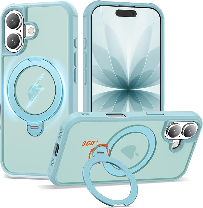 Compatible with iPhone 17 Case with Invisible Magnetic 360°Spin Stand,Military-Grade Shockproof Protection [Compatible with Mag-Safe] Non-Slip Edge Translucent Case (6.3",Blue)