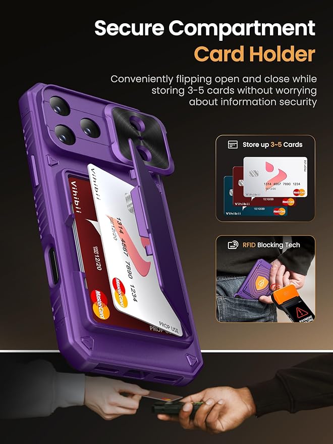 Vihibii for iPhone 17 Pro Max Case Wallet with Card Holder (4 Cards) [RFID Blocking] & Slide Camera Cover, Military Grade Drop Protection, Hard Back & Silicone Edge Phone Case 6.9" 2025, Dark Purple