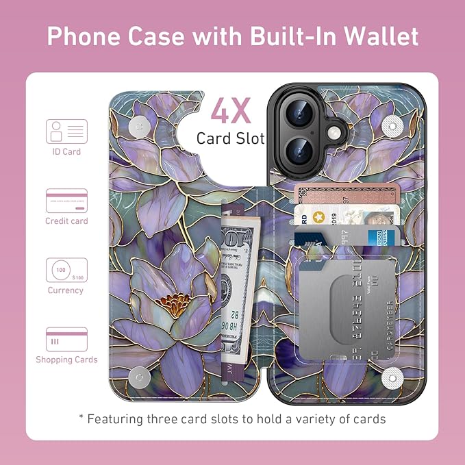 FUNMIKO for iPhone 16 Plus Wallet Case with Card Holder, RFID-Blocking, Military-Grade Protection & UV-Printed Artwork, Magnetic Closure with Leather Kickstand - Dreamy Lotus