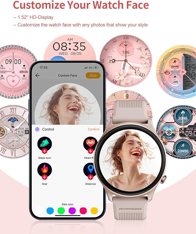 RIVERSONG Round Smart Watch for Women, 1.52" Activity Tracker with Answer/Make Call/AI Voice for Android iPhone, 100+ Sport Modes, Heart Rate/Sleep/ SpO2 Monitor, Female Cycle, Rose Gold