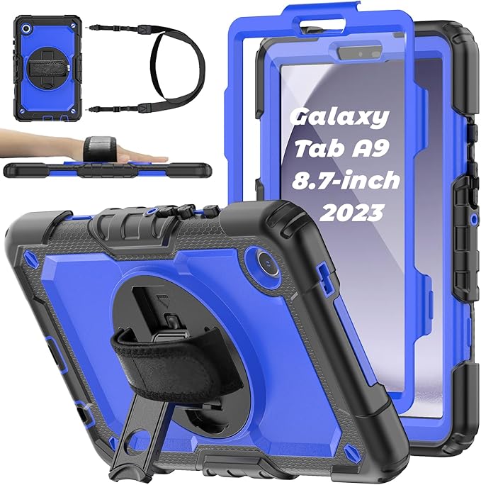 Case for Samsung Galaxy Tab A9 8.7 inch, Shockproof Design with Screen Protector/Rotating Kickstand/Pen Holder/Shoulder & Hand Strap, Heavy Duty Protective for Samsung A9 Tablet Case (Blue)