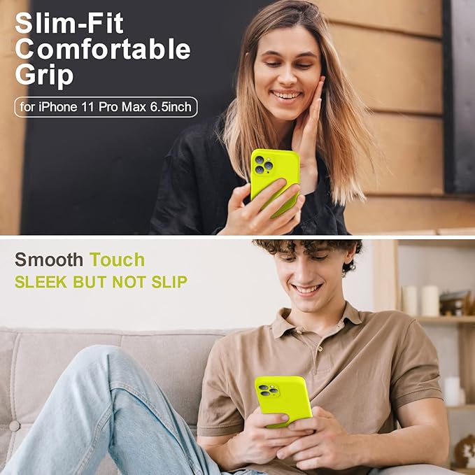 Vooii Compatible with iPhone 11 Pro Max Case, Upgraded Liquid Silicone with [Flat Edges] [Camera Protection] [Soft Anti-Scratch Microfiber Lining] Phone Case for iPhone 11 Pro Max - Neon Lemon