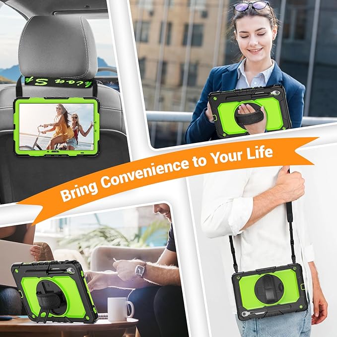 SEYMAC for Samsung Galaxy Tab S10 Lite/ S10 FE/ S9 FE/ S9 5G Case (10.9''/11''), Heavy Duty Shockproof Protective Case with Screen Protector, Rotating Stand, Hand Strap and Pen Holder, Green