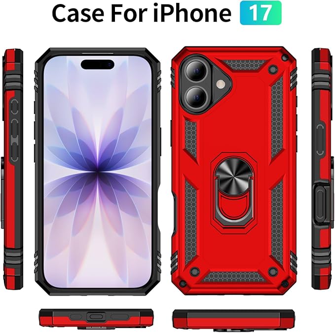 ADDIT Compatible with iPhone 17 Case with Tempered Glass Screen Protector, Adjustable Kickstand Ring, Military-Grade Heavy Duty Protection, Shockproof, Anti-Fingerprint,Red