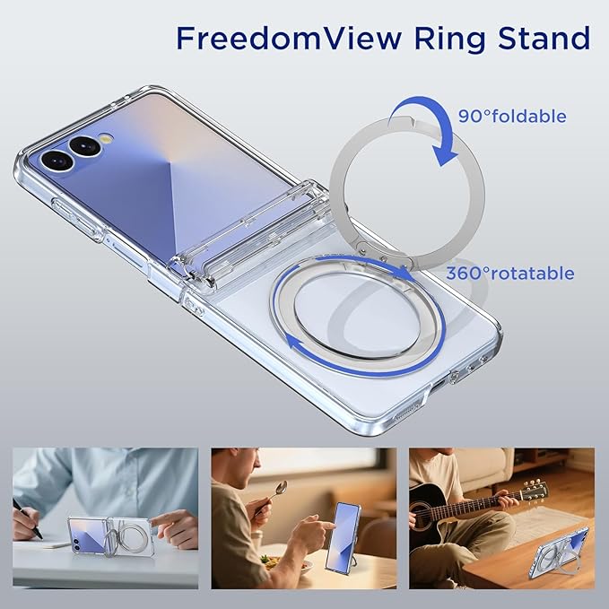 for Samsung Z Flip 7 Case, Magnetic Stand Ring Compatible with Magsafe, Transparent Cover with Hinge Protection, Slim Mil-Grade Drop Tested Phone Case for Galaxy Z Flip 7 2025 (Clear)