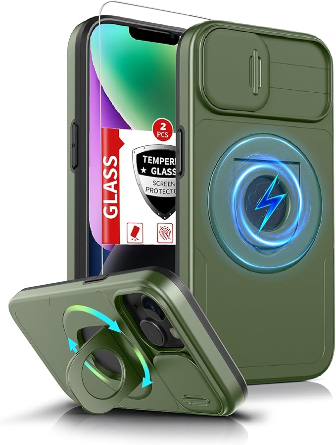 for iPhone 13 Case & for iPhone 14 Case Magnetic Compatible with MagSafe Wireless Charging with 2 Screen Protectors,Built-in Kickstand & Camera Cover Military Grade Heavy Duty Protection Green