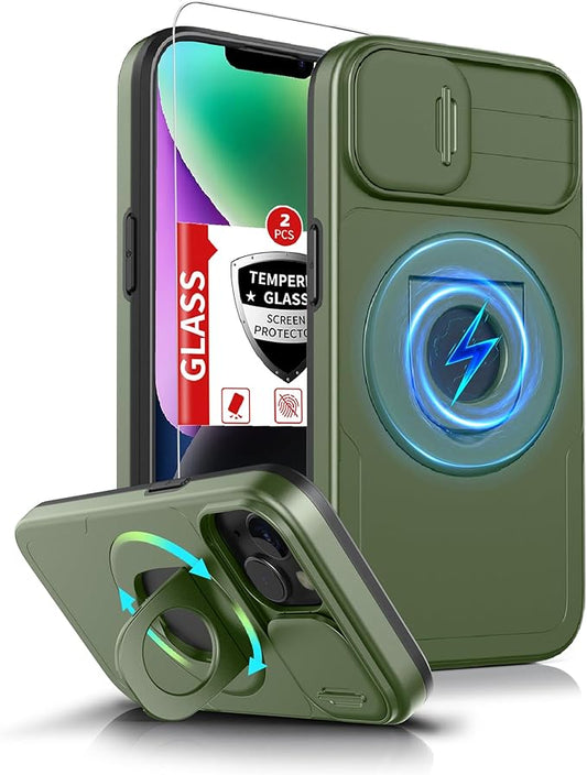 for iPhone 13 Case & for iPhone 14 Case Magnetic Compatible with MagSafe Wireless Charging with 2 Screen Protectors,Built-in Kickstand & Camera Cover Military Grade Heavy Duty Protection Green