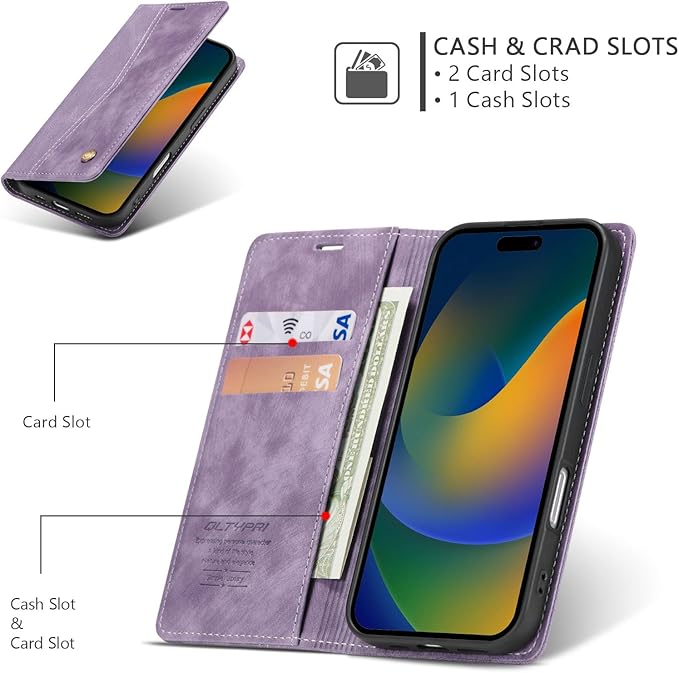 QLTYPRI for iPhone 16 Plus Case Wallet with Card Holder, Vintage PU Leather Kickstand Magnetic Closure Shockproof Folio Book Cover Case for iPhone 16 Plus - Retro Purple