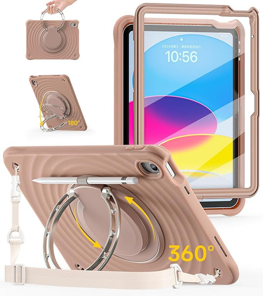 BRAECN Ripple Case for iPad (A16)11th/10th Generation 11/10.9 inch 2025/2022 Zinc Alloy Handle Ring Stand Protective Heavy Duty Screen Protector 360°Rotating 180°Folding Shoulder Strap Full-Body Cover